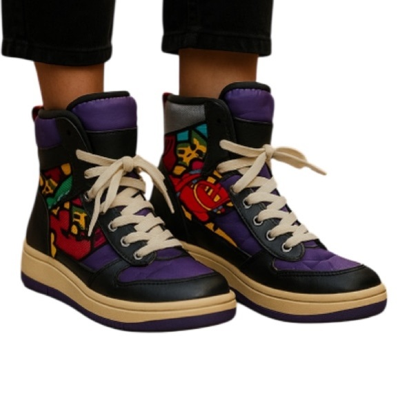 COUGAR Womens/Youth Retro Grabber Snow Boots Cherry Graffiti Purple Black Size 5 - Picture 1 of 10